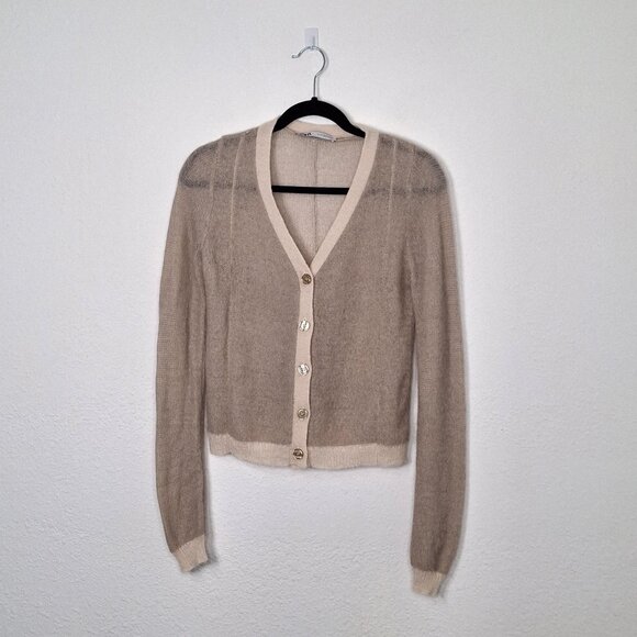 Zara Cardigan Button Front Sz XS Crop Preppy Academia Neutral Minimalist Work - Picture 1 of 13